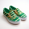 Green And White Slip On Sneakers With Tropical Symbolism