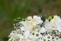 green and white wedding bouquet with gold wedding rings, close up, daisy and chrysanthemum in wedding bouquet, banner copy space Royalty Free Stock Photo