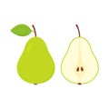 Green whole and half pears. Sweet cute flat pear with leaf. Royalty Free Stock Photo