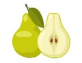 Green whole and sliced pears with leaf. Pear flat vector illustration Royalty Free Stock Photo