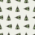 Green wigwam elements seamless pattern. Stylized traditional print with light background. Simple design
