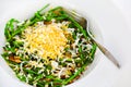 Green wild pencil asparagus with grated egg, salad