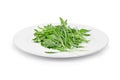 Green wild rocket leaves in the white plate on white Royalty Free Stock Photo