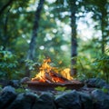 Green wilderness setting Campfire crackles amid lush foliage