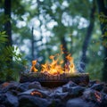 Green wilderness setting Campfire crackles amid lush foliage