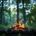 Green wilderness setting Campfire crackles amid lush foliage