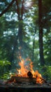 Green wilderness setting Campfire crackles amid lush foliage