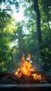 Green wilderness setting Campfire crackles amid lush foliage