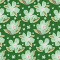 Green wildflower seamless pattern vector background. Beautiful backdrop of painterly gradient and line art meadow