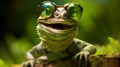 green wildlife scale close-up portrait animal reptile glasses iguana lizard. Generative AI.