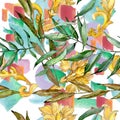 Green willow branches. Watercolor background illustration set. Seamless background pattern.