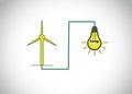 Green wind mill turbine generating power energy & glowing yellow light bulb