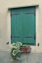 Green window and a flowery balcony Royalty Free Stock Photo