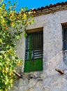 Green Window On Old Greek Village House