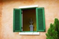 Green window on orange cement wall Royalty Free Stock Photo