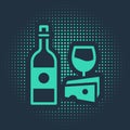 Green Wine bottle with glass and cheese icon isolated on blue background. Romantic dinner. Abstract circle random dots Royalty Free Stock Photo