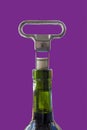 Green wine bottle with stainless steel two prong cork puller Royalty Free Stock Photo