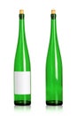 Green wine bottles isolated on white background. Beverage container in long shape with blank label. Clipping path Royalty Free Stock Photo