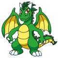 Green winged sly dragon with yellow stomach and wings, with darken horns, cartoon, fantasy.