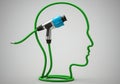 Green wire forms human head outline connected to a power plug symbolizing innovation and energy consumption Royalty Free Stock Photo