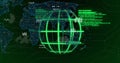 Green wireframe globe spinning on world map interface with code blocks, hex grids, icons, lines Royalty Free Stock Photo