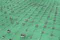 Green wireframe metallic cubes mesh with ball wave landscape abstract background. Big data 3d illustration.