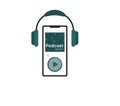 Green wireless headphone isolated. Listen podcast with app click play buttton. Smart technology for intervew, broadcast