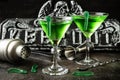 Green witch drink  in glass with worms, Halloween party  idea Royalty Free Stock Photo