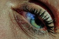 Green woman eye with black eyelashes
