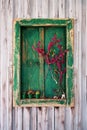 Green wooden antique window frame with shutters and decorated with flowers on steel wall plate Royalty Free Stock Photo