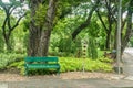 Wooden bench at sidewalk in public park for seat under the trees Royalty Free Stock Photo