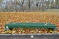 Green wooden bench among thousand of colorful leaves, autumn Royalty Free Stock Photo