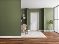 Green and wooden dining room interior with furniture, shelf and mockup Royalty Free Stock Photo