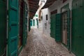 Green wooden doors of the old stores in Tetouan Medina quarter in Northern Morocco. A medina is typically walled, with many narrow Royalty Free Stock Photo