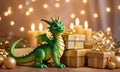 Green wooden dragon, symbol of New Year 2024. Merry Christmas and Happy New Year background template Royalty Free Stock Photo