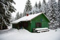 Green wooden mountain hut ant the coniferous forest