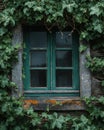 A green wooden window, old and dilapidated, set into a stone wall partially covered with thick, lush green ivy