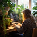 Green work environment Woman working at home with house plants Royalty Free Stock Photo