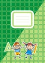 Green workbook with name tag, vector icon