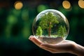 Green world in hand Crystal globe with tree on nature