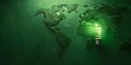 Green world map with light bulb on green background symbolizing importance of renewable energy for