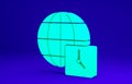 Green World time icon isolated on blue background. Clock and globe. Minimalism concept. 3d illustration 3D render Royalty Free Stock Photo