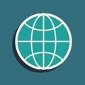 Green Worldwide icon isolated on green background. Pin on globe. Long shadow style. Vector Illustration