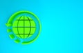 Green Worldwide shipping and cardboard box icon isolated on blue background. Minimalism concept. 3d illustration 3D