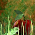 Green worm and red apple