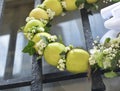 Green wreath of apples ivy and white flowers on the door Royalty Free Stock Photo