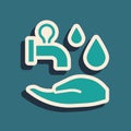 Green Wudhu icon isolated on green background. Muslim man doing ablution. Long shadow style. Vector