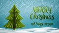 Green xmas tree Merry Christmas and Happy New Year greeting message in english on blue background,snow flakes.Elegant Royalty Free Stock Photo