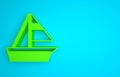 Green Yacht sailboat or sailing ship icon isolated on blue background. Sail boat marine cruise travel. Minimalism