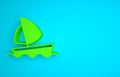 Green Yacht sailboat or sailing ship icon isolated on blue background. Sail boat marine cruise travel. Minimalism